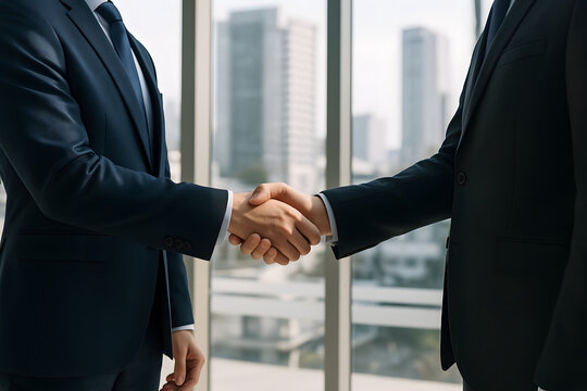 Handshake Deal: two business person engage in a handshake, symbolizing agreement and partnership in the modern workplace against a backdrop of office and cityscape.