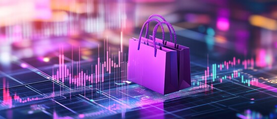 Ecommerce data visualization purple shopping bag on digital interface with graphs
