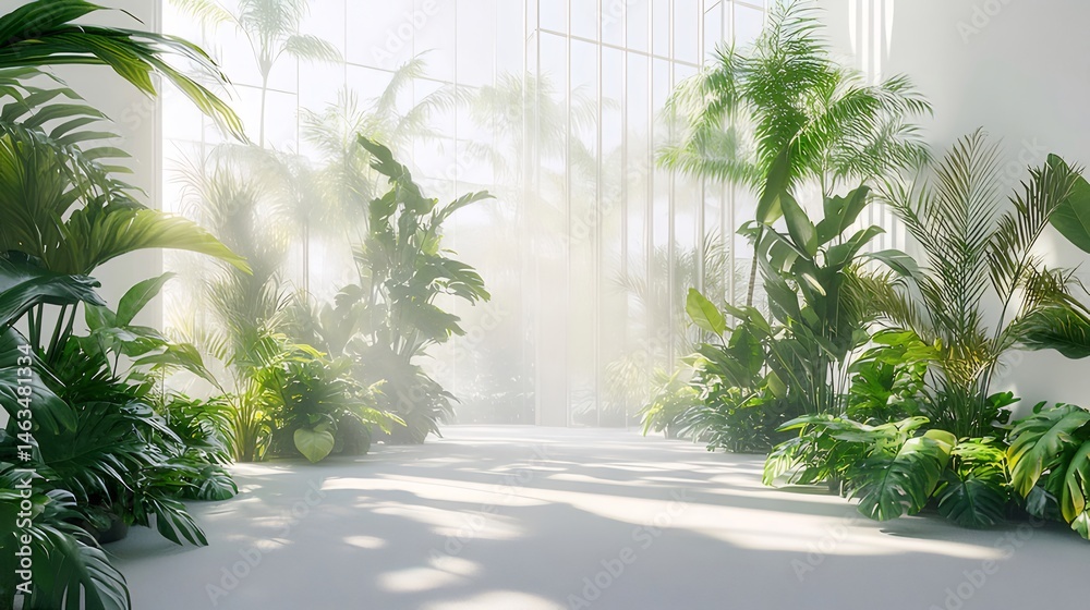 Poster 明るい緑の植物が茂る温室の穏やかな光景とソフトな光 インテリアデザインと平和な雰囲気