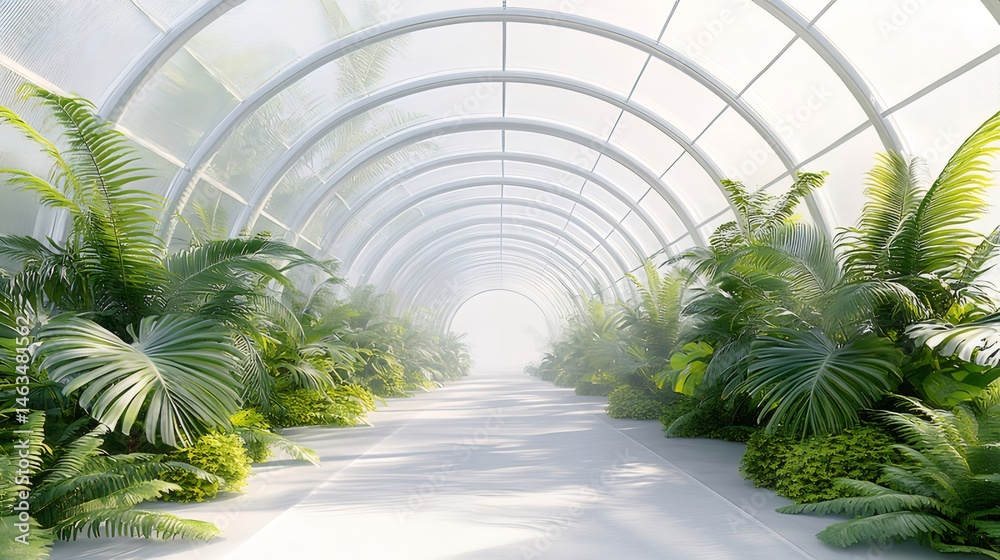 Aufkleber 温室のトロピカルな緑の植物 アーチ型の構造を通る光のトンネル 屋内庭園の自然な静けさ