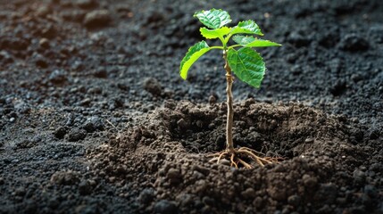 Close-up of a young plant sprouting from rich soil in a natural, sunlit environment.