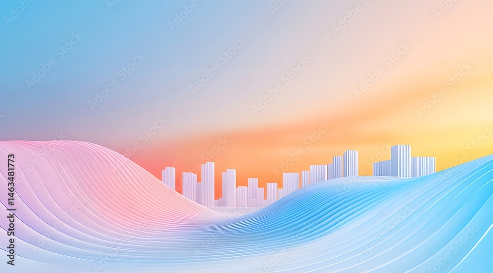 Poster ソフトパステルカラーの3D都市景観の抽象的な背景 幾何学的な波状の地形と白い建物のシルエット 未来的なデジタルアートワークとスタイリッシュな建築デザイン