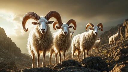 Majestic White Sheep with Curled Horns on Rocky Landscape