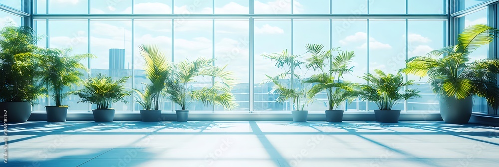 Poster モダンな白い内装に鉢植えが並ぶ高層ビルからの明るい街並みの眺め