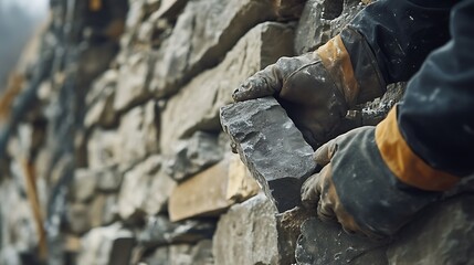 Construction Worker Laying Stone Blocks