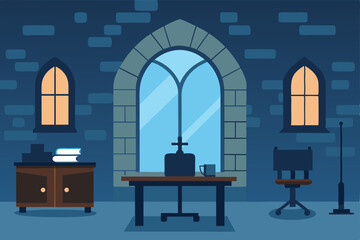 medieval style office with stone walls and wrought