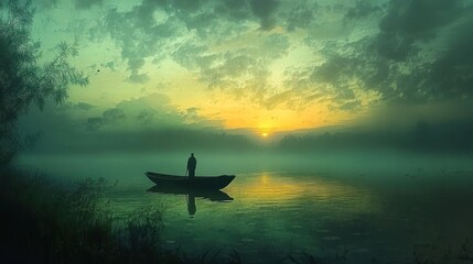 Fototapeta premium Solitary figure amidst tranquil waters, embracing the dawn's ethereal glow