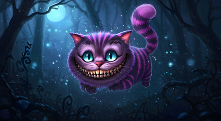 Cheshire Cat in Enchanting Moonlight Forest
