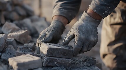 Fototapeta premium Construction Worker Handling Concrete Blocks