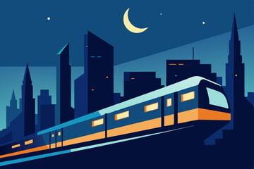 midnight train rolling past lit up residential 