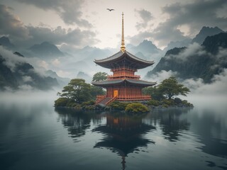 Fototapeta premium Serene Pagoda Reflecting on Water - AI Generated Art