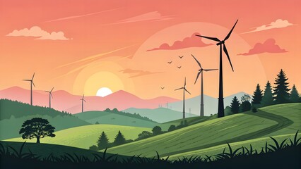 Fototapeta premium Artistic silhouette of wind turbines set against a vibrant sunrise, emphasizing the beauty of eco-friendly energy solutions within natural environments.