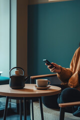  A cozy office corner with a small table and a coffee pot, a coworker is sitting at the table, sipping coffee while scrolling on their phone