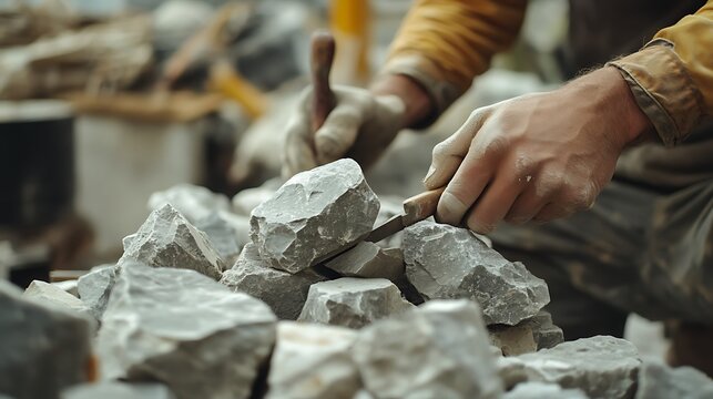 Stone Mason Working with Chisel on Granite Blocks - Powered by Adobe