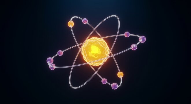 Atomic Structure Illustration - A vibrant illustration of an atom's structure, showcasing the nucleus and orbiting electrons. Ideal for science, education, and technology concepts