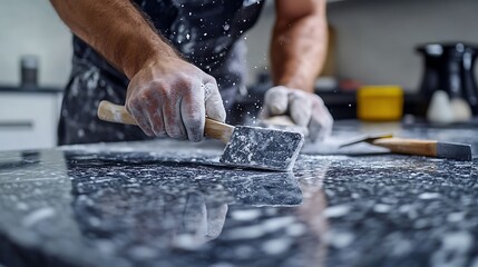 Man Using a Chisel on a Granite Countertop