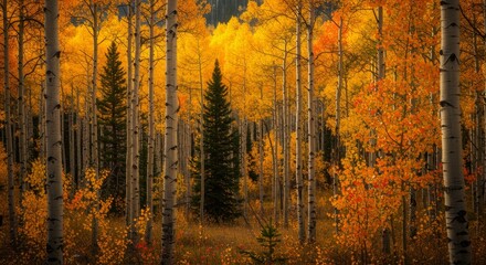 Fototapeta premium Autumn Aspen Grove - Vibrant golden aspen trees fill a forest scene, with a dark evergreen tree standing tall in the center. Autumn foliage creates a stunning natural backdrop
