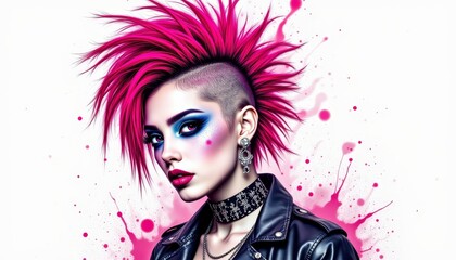 Striking portrait of a woman with vibrant pink hair and unique piercings