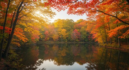 Autumnal Lake Reflection - Serene autumn scene of a lake reflecting vibrant fall foliage. Golden and red leaves frame the tranquil water