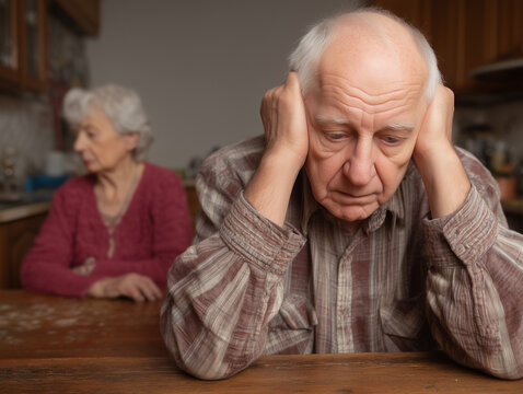 Elderly white couple man and woman in distress seated at wooden kitchen table with tension
