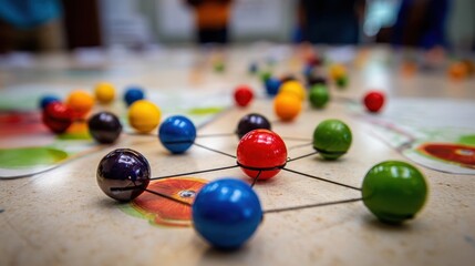 Colorful spheres connected by thin lines on a light surface.