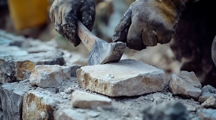 Stone Mason Working with Chisel and Hammer