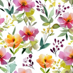 Watercolor painting of pink, yellow, orange and purple flowers.	