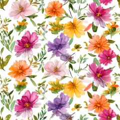 Watercolor painting of pink, yellow, orange and purple flowers.	