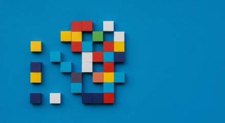Colorful Blocks Puzzle - A vibrant of colorful blocks arranged in a pixelated design, with a few blocks separated, suggesting a puzzle or problem-solving concept