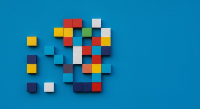 Colorful Blocks Puzzle - A vibrant of colorful blocks arranged in a pixelated design, with a few blocks separated, suggesting a puzzle or problem-solving concept