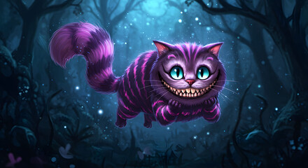 Cheshire Cat in Enchanting Moonlight Forest