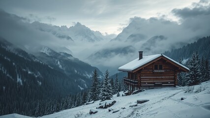 Snowy Mountain Cabin Retreat: Misty Peaks and Wooden Charm