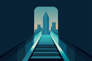 narrow escalator glowing in a glass tube skyscrape