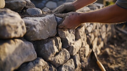 Hand Laying Stones in a Wall Construction