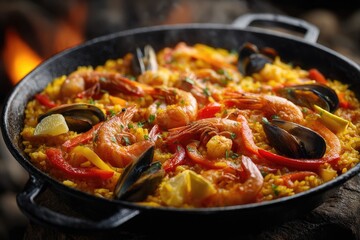 A delicious seafood paella dish in a dark pan.