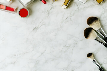 Makeup Brushes and Cosmetics on Marble Background