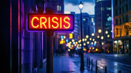 Crisis neon sign city street night urban background