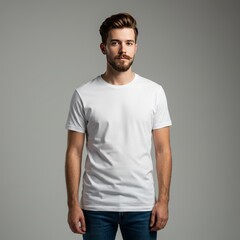 Fototapeta premium Casual Man in White Shirt with Jeans against Neutral Background