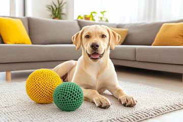 Happy Yellow Labrador Retriever Lying on Carpet with Knitted Toys
