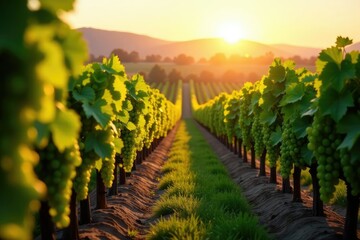 Naklejka premium Golden hour sunlight bathes rows of lush California grapes, ready for harvest Vineyard landscape, agricultural scene , fertile land, scenery, agriculture