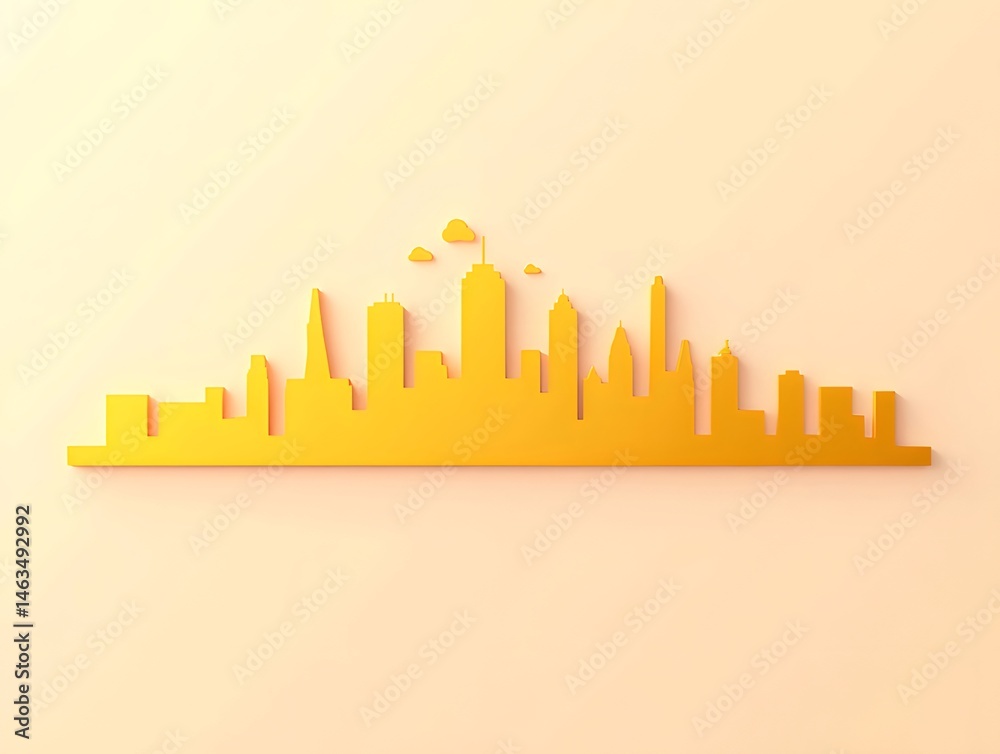 Poster 黄色の都市のスカイラインのシルエット ミニマルな都市景観デザイン 黄色の背景に現代的な建物と高層ビルの抽象的な表現
