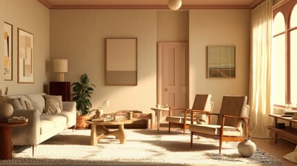 Beige living room interior with mid century style