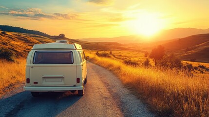 Obraz premium Scenic sunset view of vintage camper van on country road.