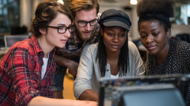 Diverse group of colleagues collaborating on a computer project.