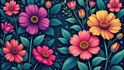 Intricate line art blooming flowers, geometric layout , retro, minimal