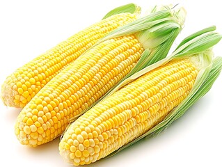 Three fresh corn cobs on a white background, a harvest of freshness