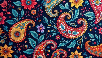 Intricate paisley floral pattern in vibrant hues, spring, repeat