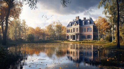 Fototapeta premium Reflections of Grandeur: Lakeside Mansion Amidst Autumnal Splendor and Cloudy Skies