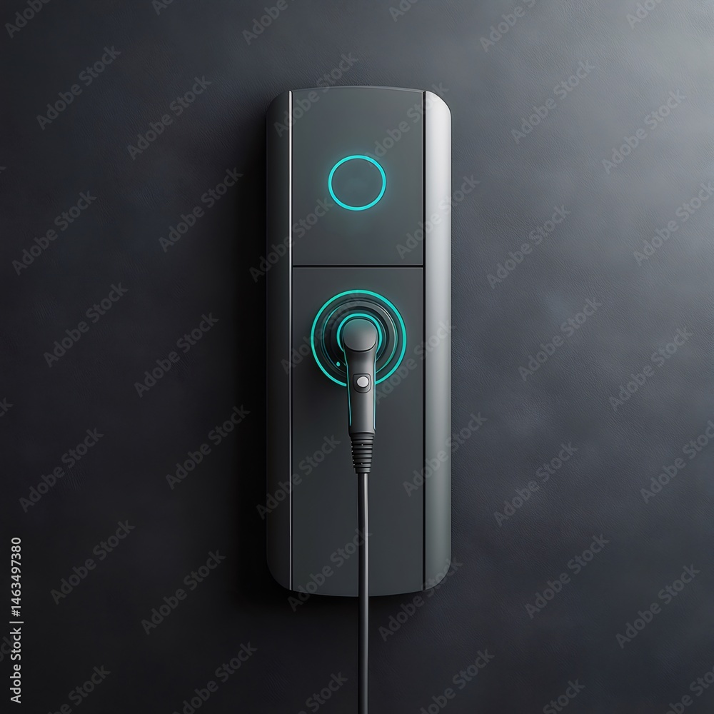 Aufkleber 黒い背景に設置された青い蛍光灯が付いた灰色の電気自動車充電ステーションコネクター