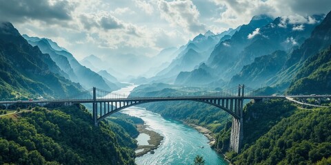 Obraz premium Mountain Valley Bridge Over River Landscape